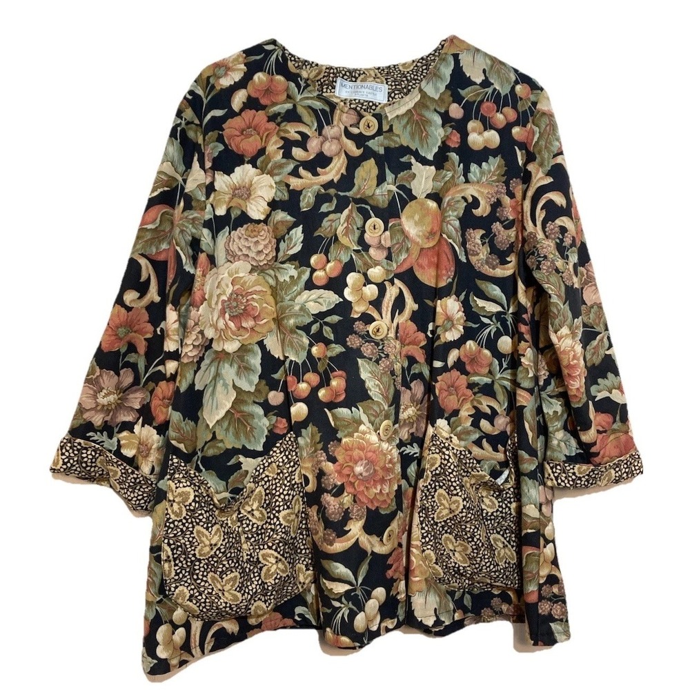 Vintage 90s Tapestry Cotton Chore Coat Jacket Women Sz L Floral Fruit Button Up